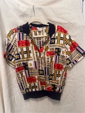 VINTAGE Lauren Lee Nautical Rope Print Top - Red, Navy, Gold